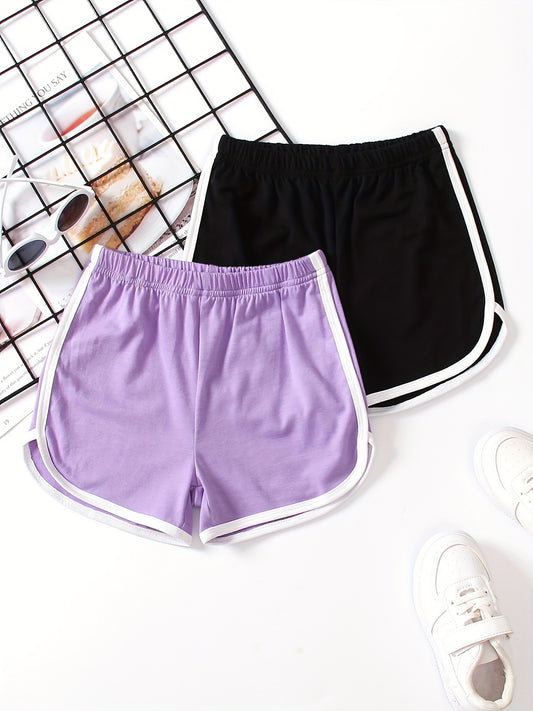 2pcs Girls' Contrast Binding Sports Shorts Set For Yoga Outfit