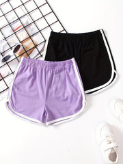 2pcs Girls' Contrast Binding Sports Shorts Set For Yoga Outfit
