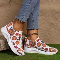 Halloween Pumpkin Print Running Shoes Lightweight Breathable Slip On Sneakers