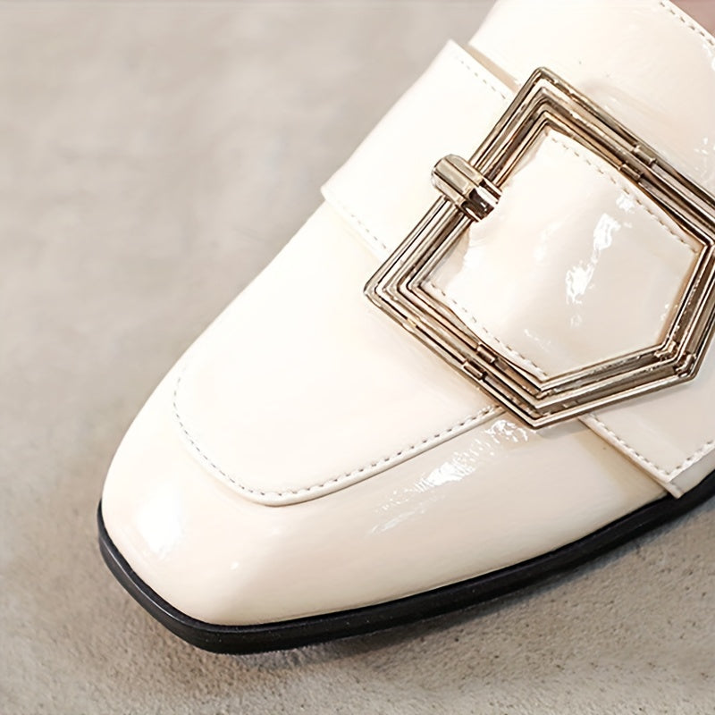 Women's Buckle Strap Block Mid Heels Loafers Square Toe British