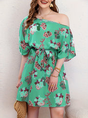 Floral Print One Shoulder Batwing Sleeve Knee Length Dress With Belt