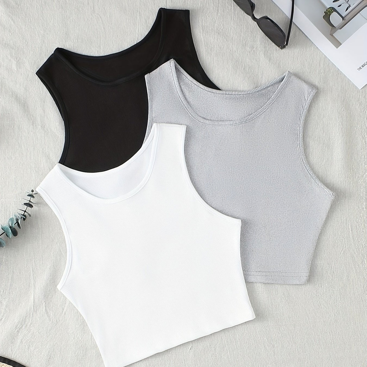 Ribbed Sleeveless Crop Top Round Neck Sports Tank