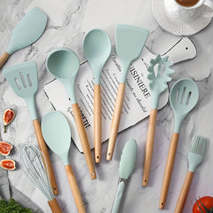 12-Piece Silicone Kitchen Utensil Set with Wooden Handles and Storage Box