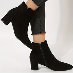 Solid Chunky Heel Short Boots Point Toe Side Zipper Dress Ankle Boots