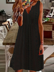  Solid Eyelet Embroidered Notched Neck Tank Dress