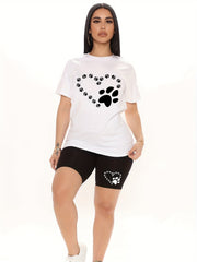 Women's Plus Dog Footprint Print Tee & Shorts Set