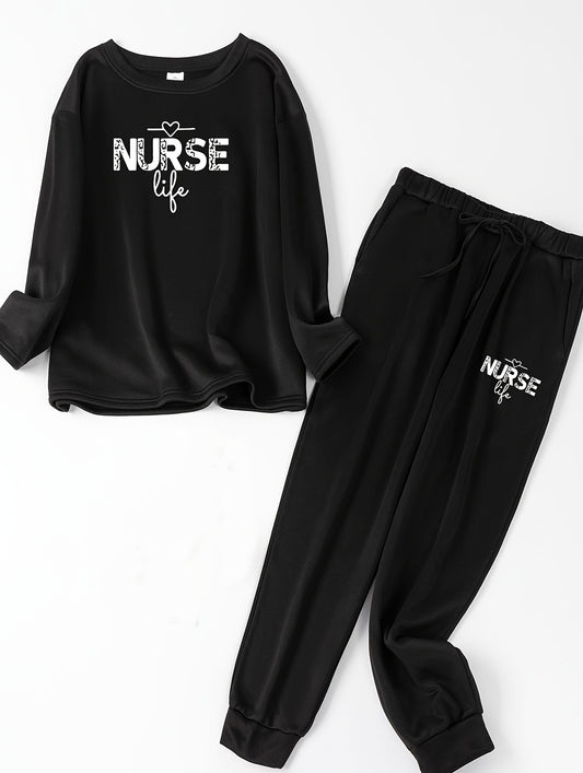  Lounge Set Women's Plus Heart & Letter Print Long Sleeve