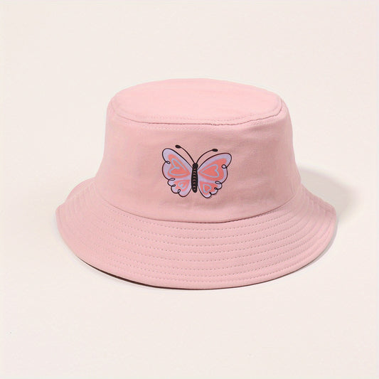 Pink Butterfly Print Bucket Hat Sunscreen Fisherman Cap for Women