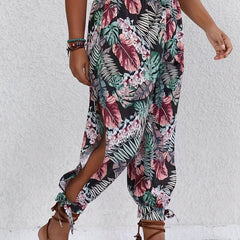  Boho Pants Women's Plus Tropical Print Elastic High Rise Trousers