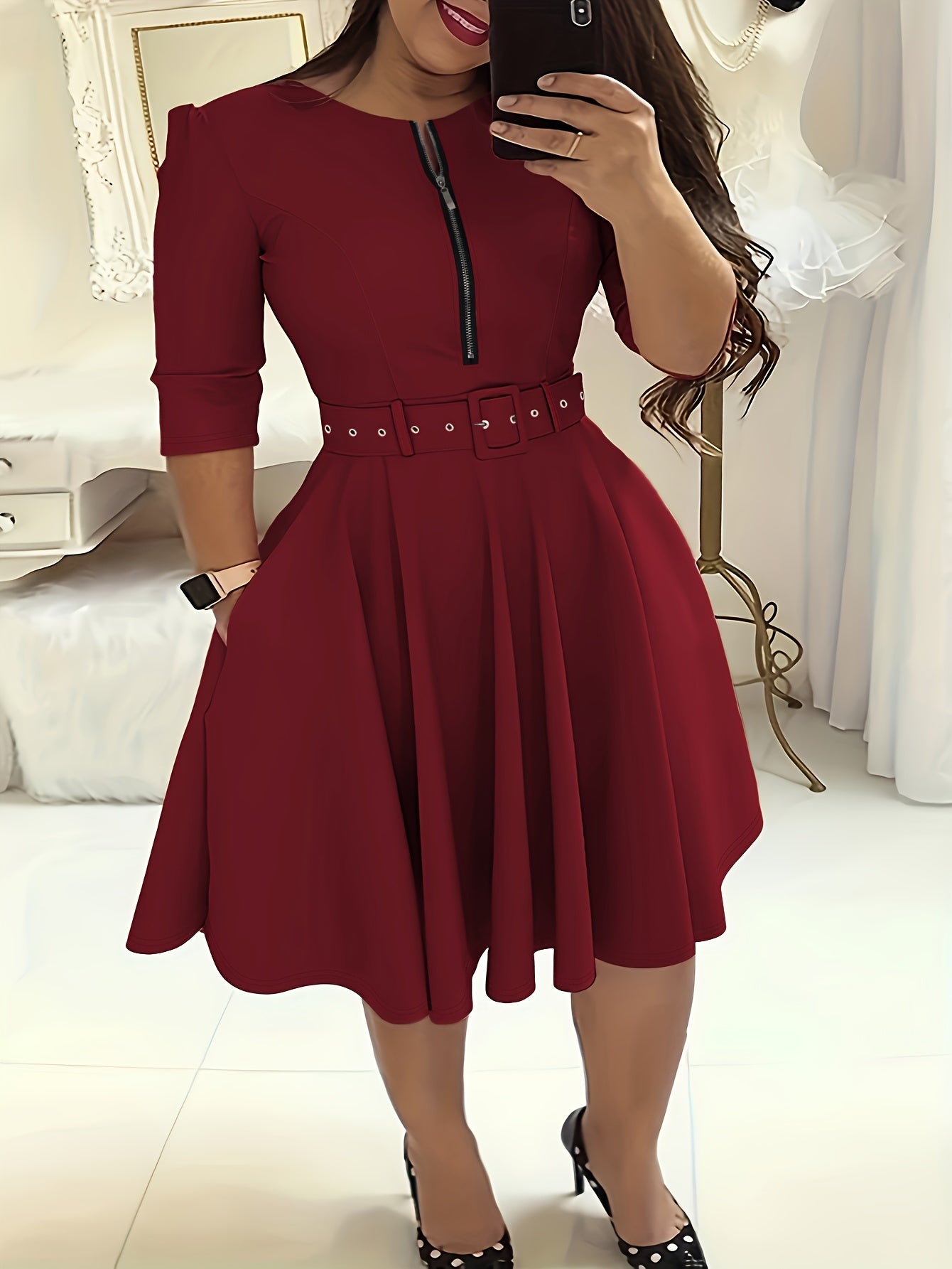 Women's Plus Solid Half Zipper A-line Dress