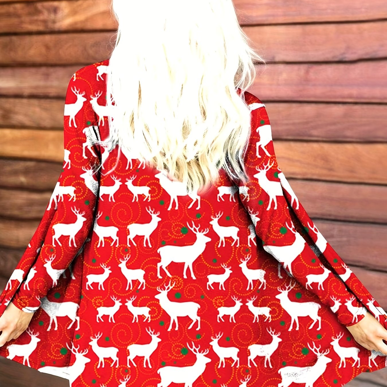  Reindeer Print Christmas Cardigan Long Sleeve Open Front Stretch