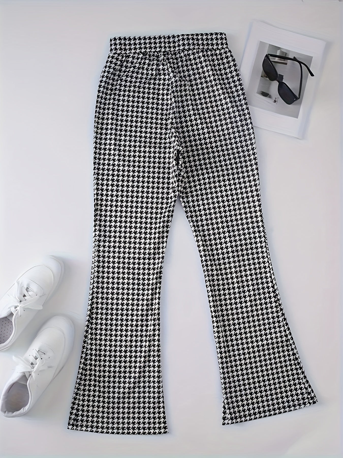  Women's Houndstooth Print High Rise Flared Leg Trousers