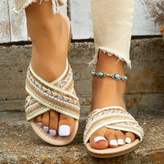 Women's Tribal Style Flat Slippers Open Toe with Faux Pearl Sequin Decor