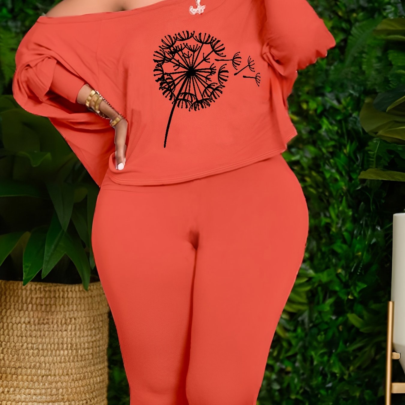 Dandelion Print One Shoulder Tunic Top & Leggings Set