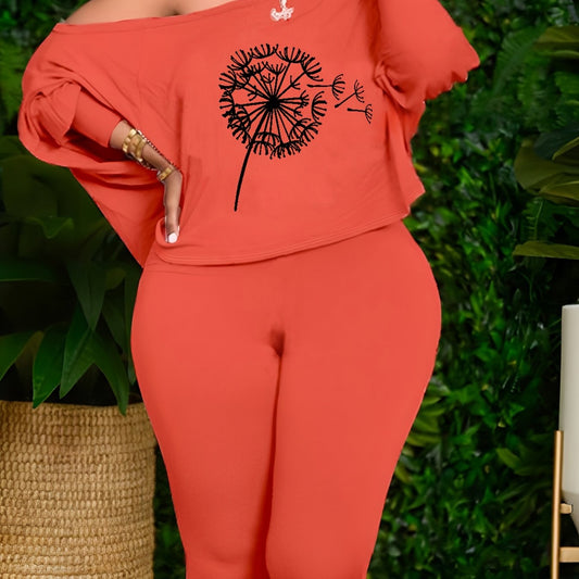  Dandelion Print One Shoulder Tunic Top & Leggings Set