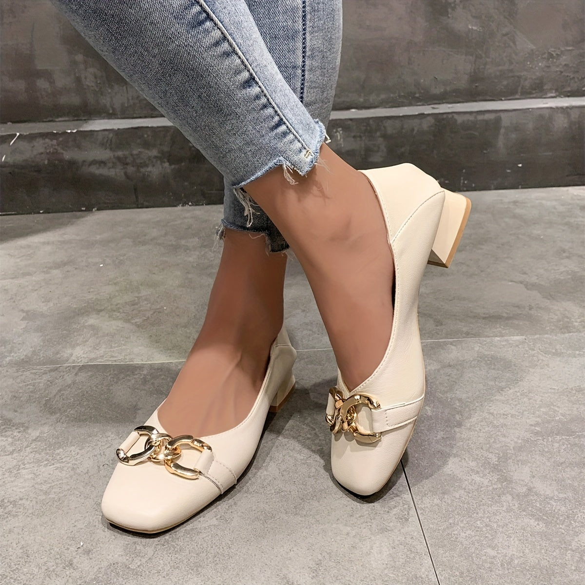 Low Heel Square Toe Buckle Flat Shoes for Work