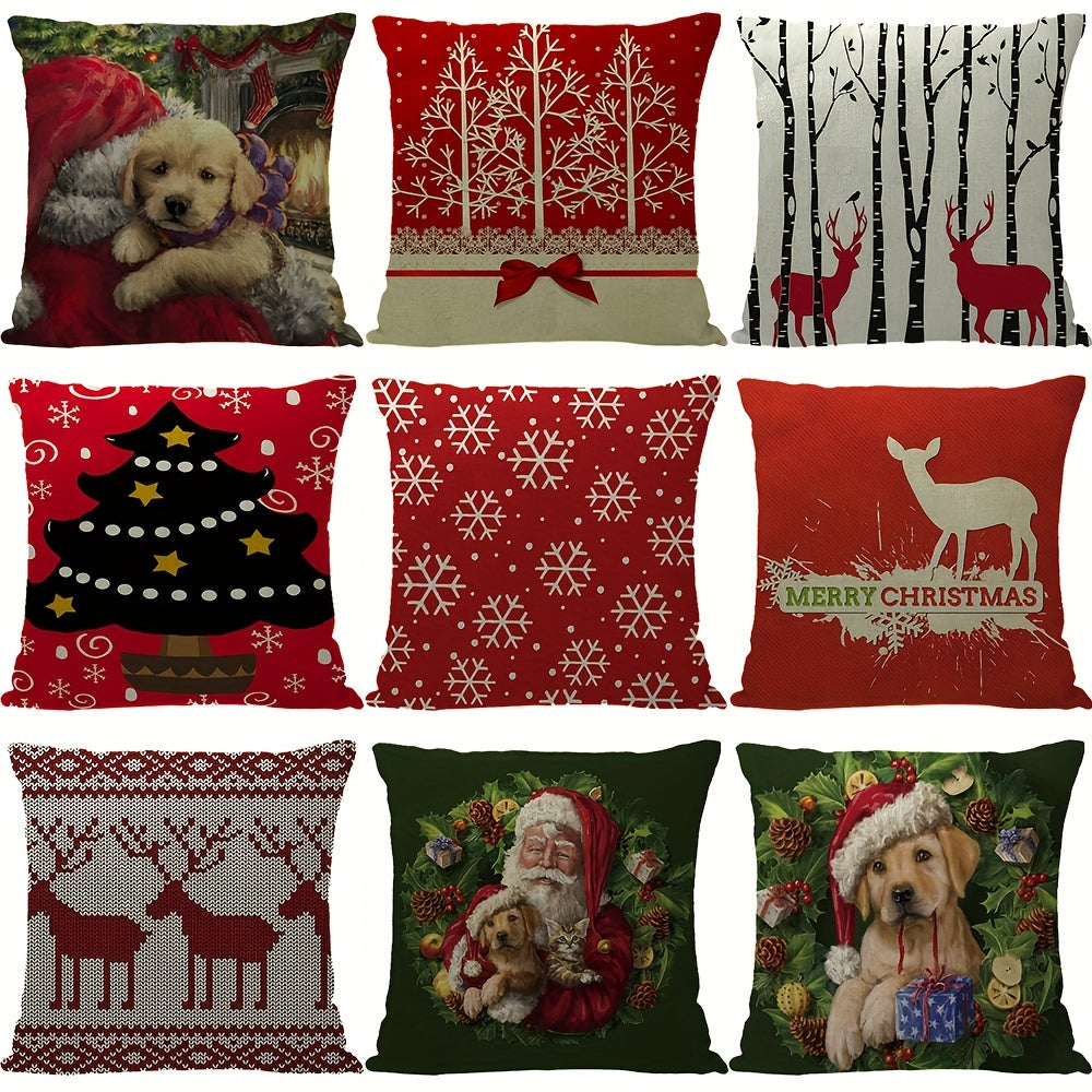 Christmas Linen Pillow Covers Tree Puppy Print Throw Pillowcase