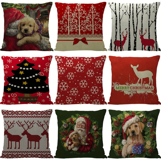 Christmas Linen Pillow Covers Tree Puppy Print Throw Pillowcase
