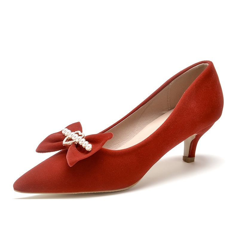 Red Kitten Heeled Pumps with Bow Tie Slip on Pointed Toe
