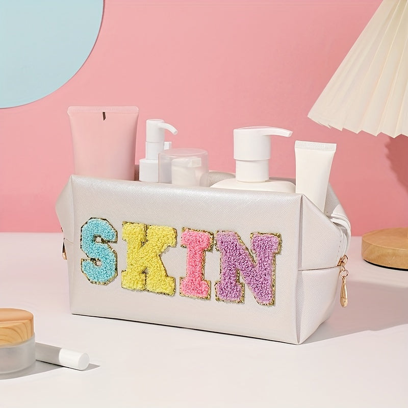 Preppy Makeup Bag Travel Toiletry Bag Letter Patch PU Leather Waterproof