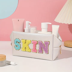 Preppy Makeup Bag Travel Toiletry Bag Letter Patch PU Leather Waterproof