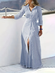  Women's Striped 3/4 Sleeve Button Up Maxi Shirt Dress
