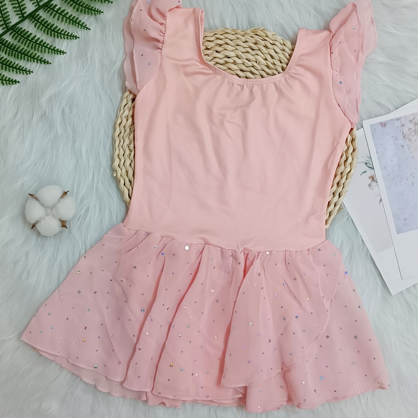 Girls Solid Ruffle Trim Ballet Leotard Dress Short Sleeve Dance Performance Gift