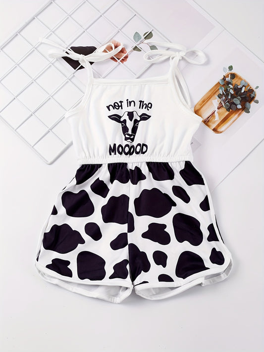 Toddler Girls Cow & Letter Graphic Shoulder Bow Cami Rompers Jumpsuits