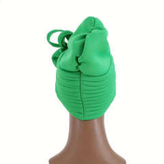Green Layer Pleated Turban Cap Bow Decor Hijab Hat Casual Head Wrap