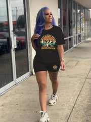 1973 Print Two-piece Set Crew Neck Tee & Slim Shorts Outfit Women's Clothing