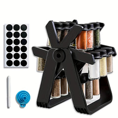 Rotating Seasoning Rack Set with 18 Bottles, Spice Label & Marker Pen