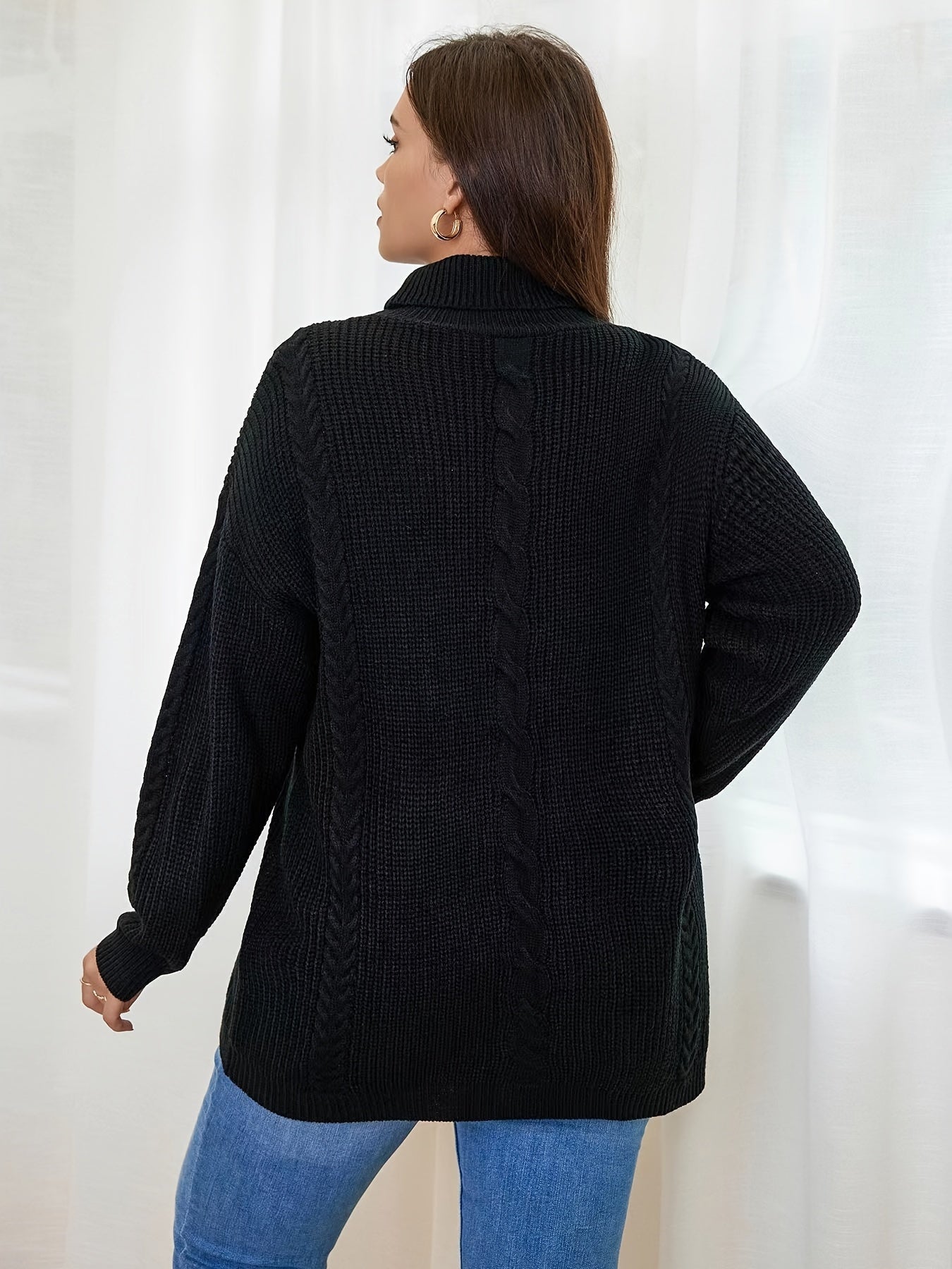  Solid Cable Long Sleeve Turtle Neck Sweater