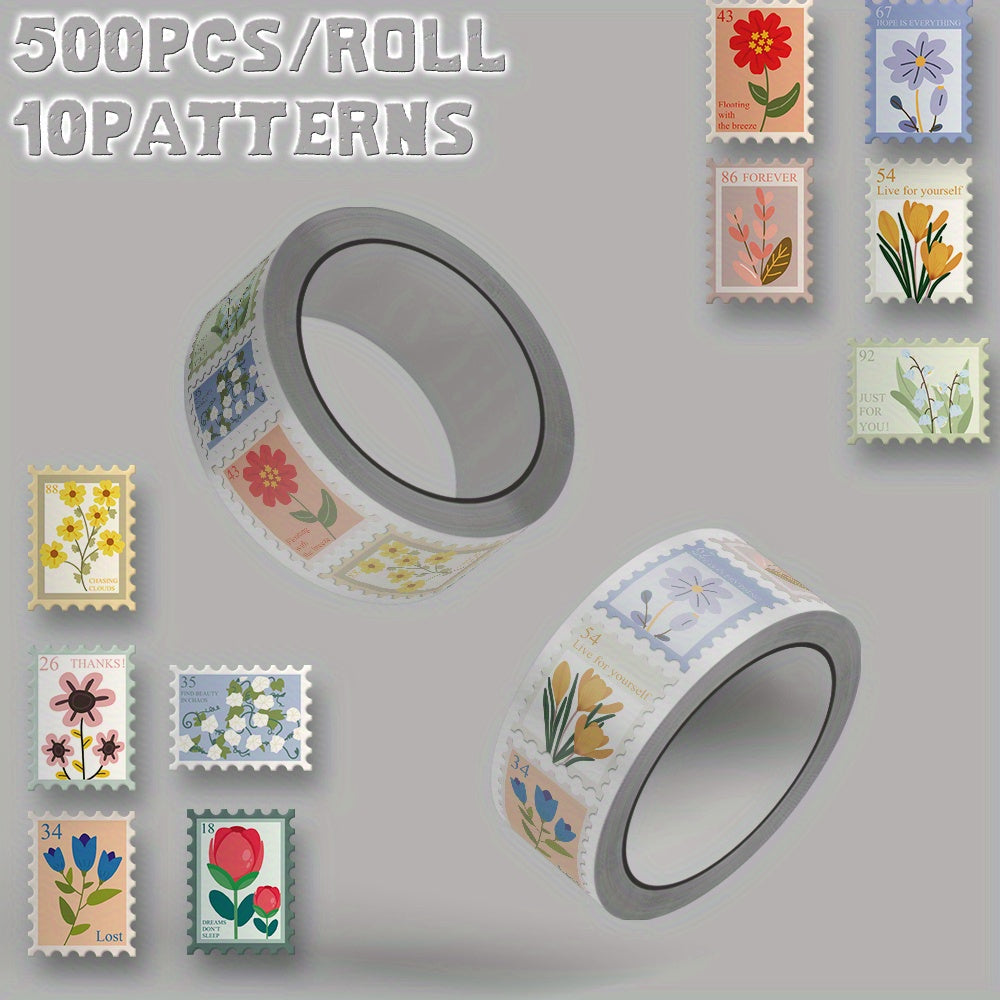 500pcs Floral Clip Art Sticker Roll 10 Patterns Flower Designs Party Decoration