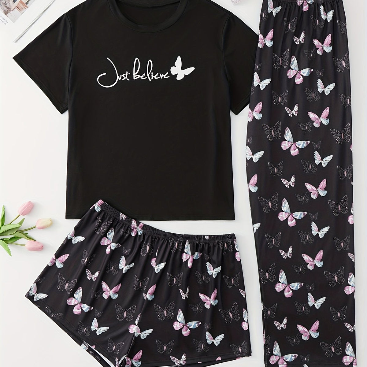  Butterfly Print Tee & Shorts & Pants Loungewear Set