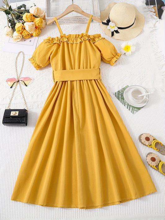 Girls Casual Solid Princess Pleated Dress Cold Shoulder Short Sleeves