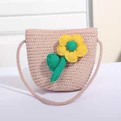 Kids Flower Decor Coin Purse Straw Woven Crossbody Bag