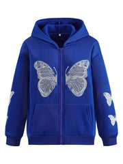 Butterfly Print Sweatshirt Y2K Zip Up Hoodie Casual Tops