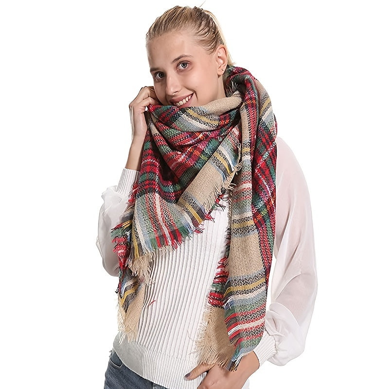 Colorful Big Plaid Scarf Women Lightweight Warm Fall Blanket Oversized Shawl