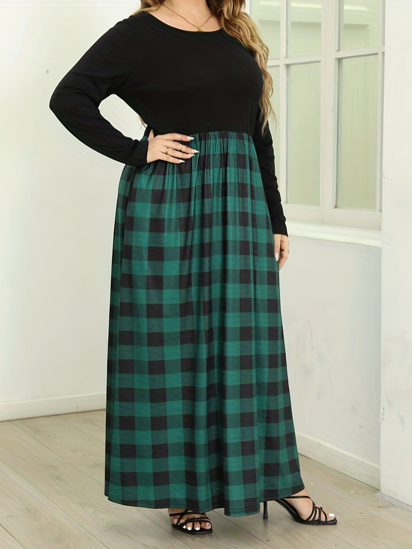  Colorblock Gingham Print Maxi Dress With Pockets