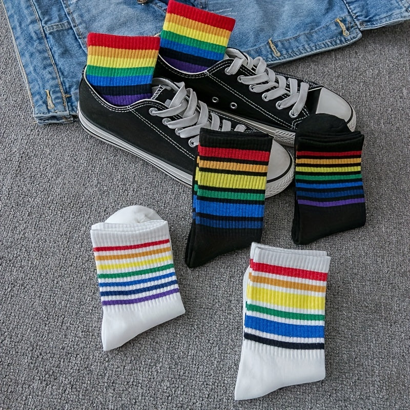 Rainbow Striped Trim Socks & Funny Crew Mid Tube Socks Women's Stockings