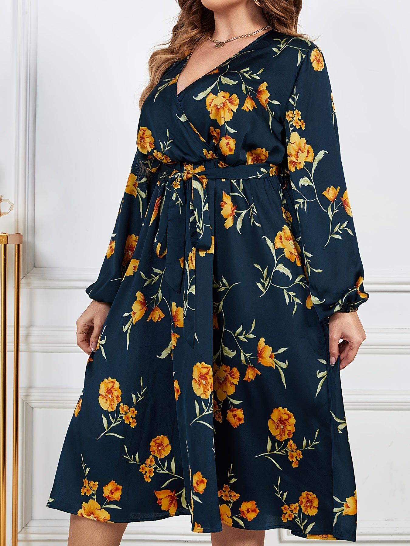 Floral Print Lantern Sleeve Dress with Belt