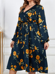 Floral Print Lantern Sleeve Dress with Belt