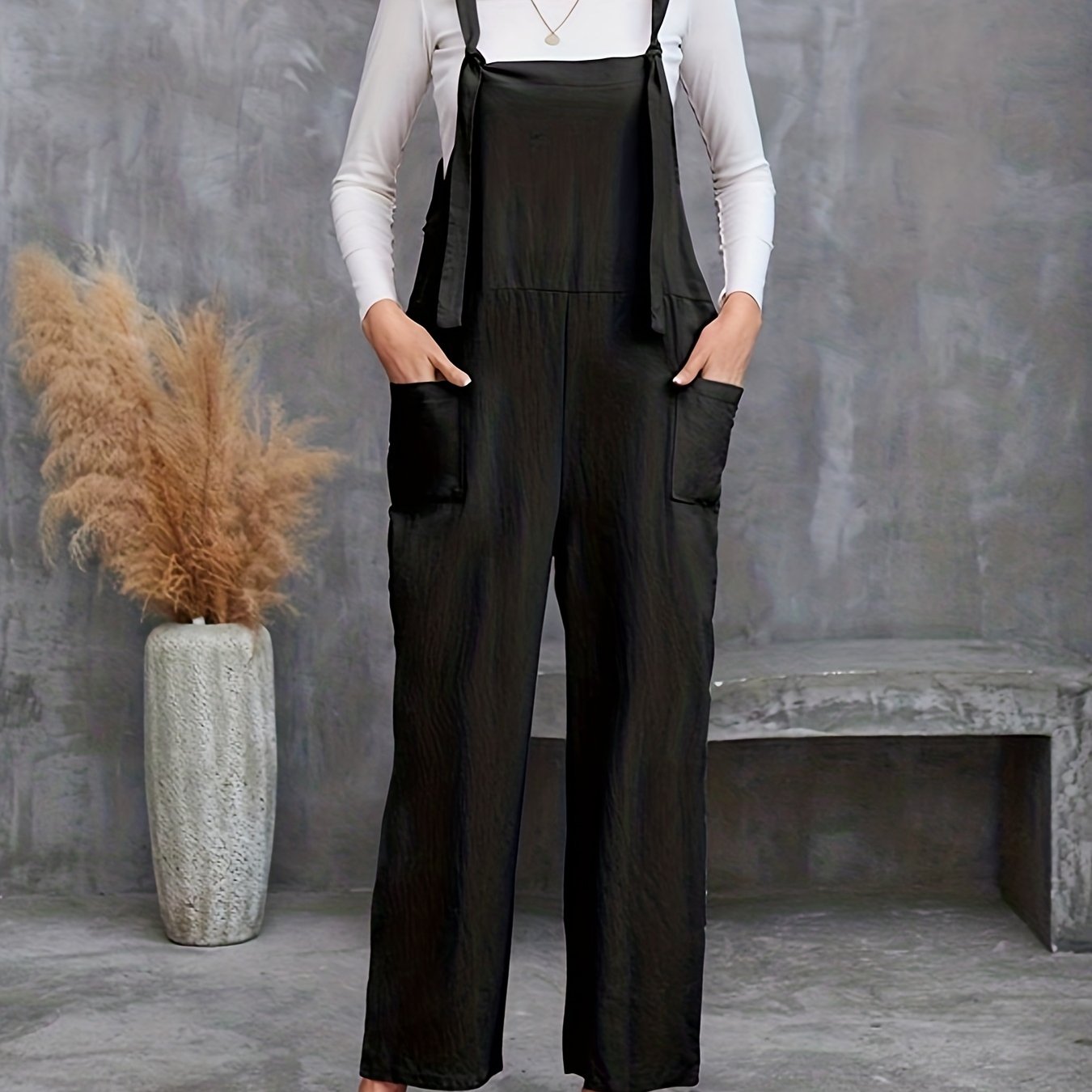 Solid Knot Strap Overall Jumpsuit with Pockets