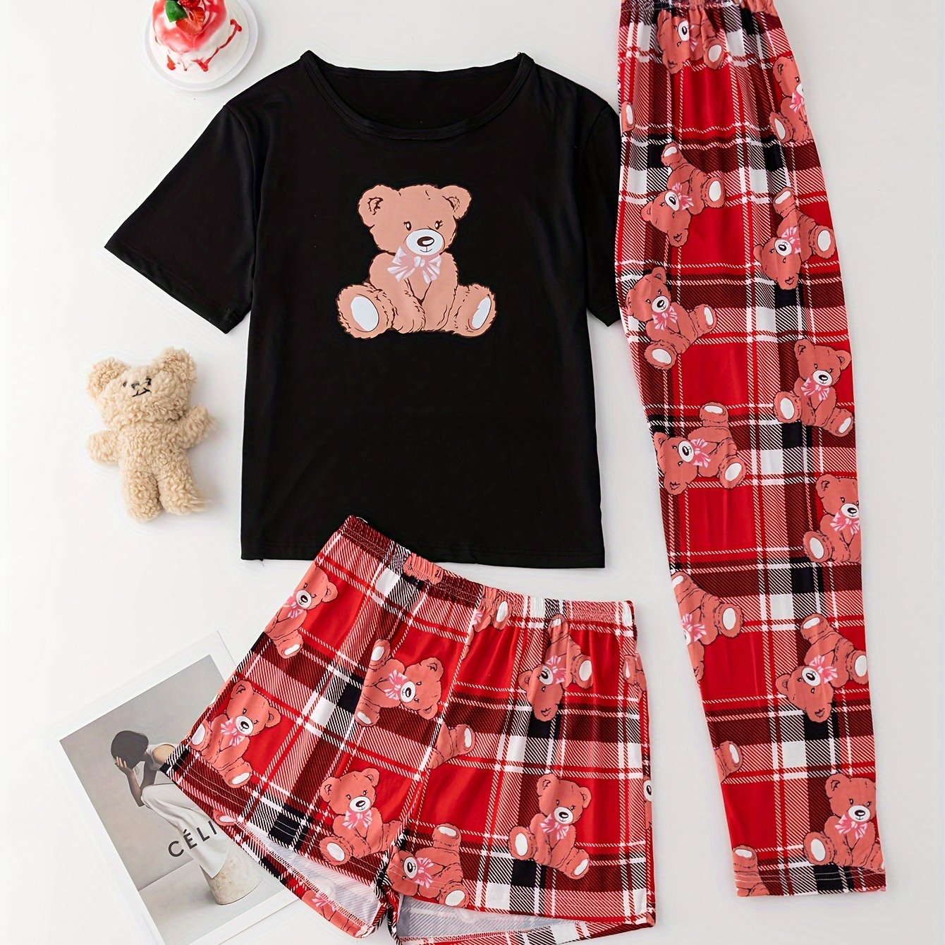 Bear Print Pajamas Set Short Sleeve Crew Neck Top & Shorts & Plaid Pants