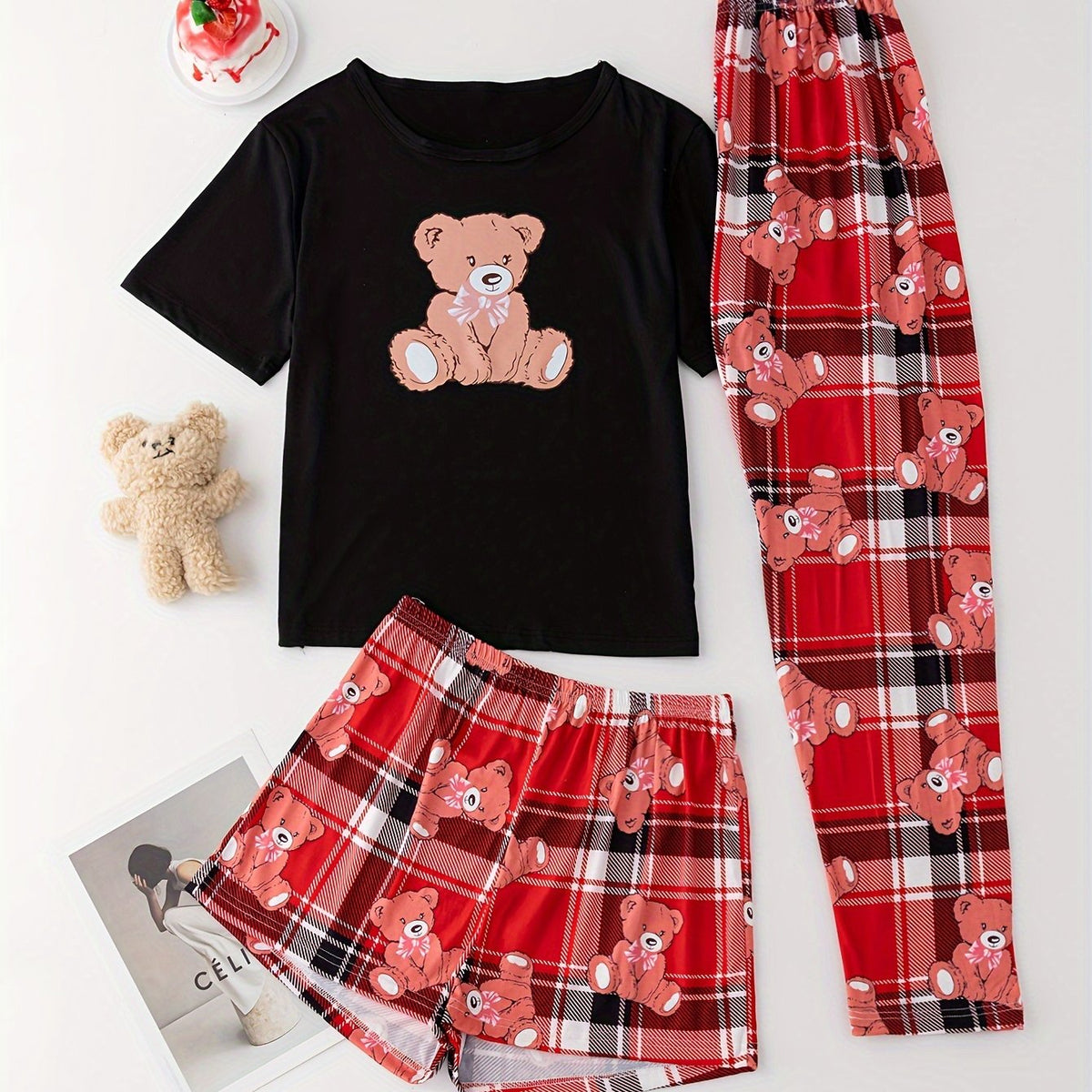 Bear Print Pajamas Set Short Sleeve Crew Neck Top & Shorts & Plaid Pants