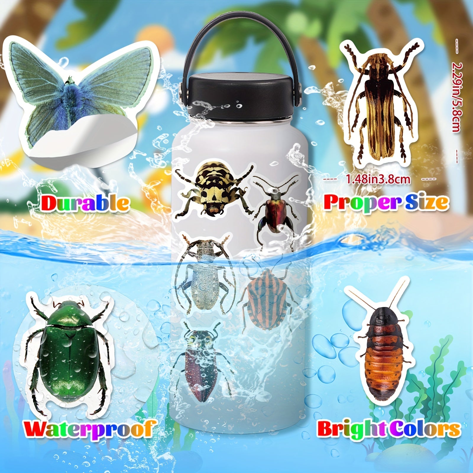 50pcs Insect Vinyl Stickers Waterproof Pack for Water Bottle Laptop Phone