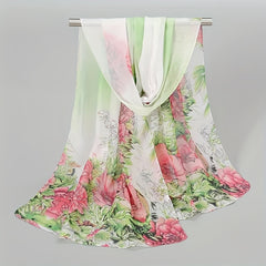 Peony Print Chiffon Scarf Gradient Silk Thin Shawl Hijab