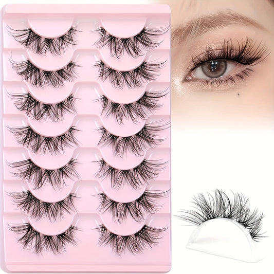 7 Pairs Natural False Eyelashes Clear Band Thin Fox Eyes Short Anime Mink Lashes