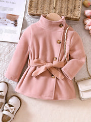 Baby Girls Solid Jacket Stand Collar Bow Belt Long Sleeve Button Warm Coat