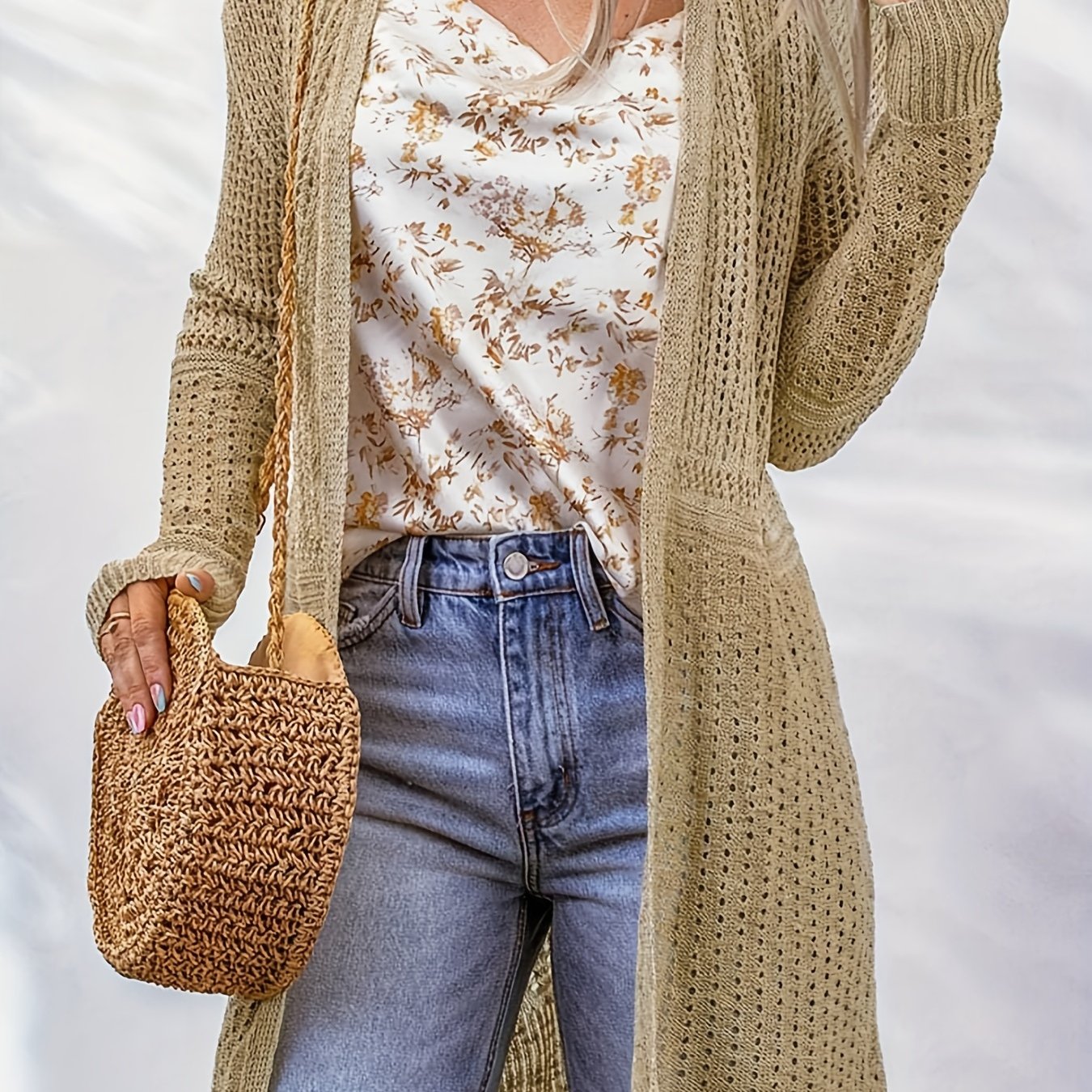  Casual Cardigan Solid Eyelet Embroidered Open Front Long Sleeve
